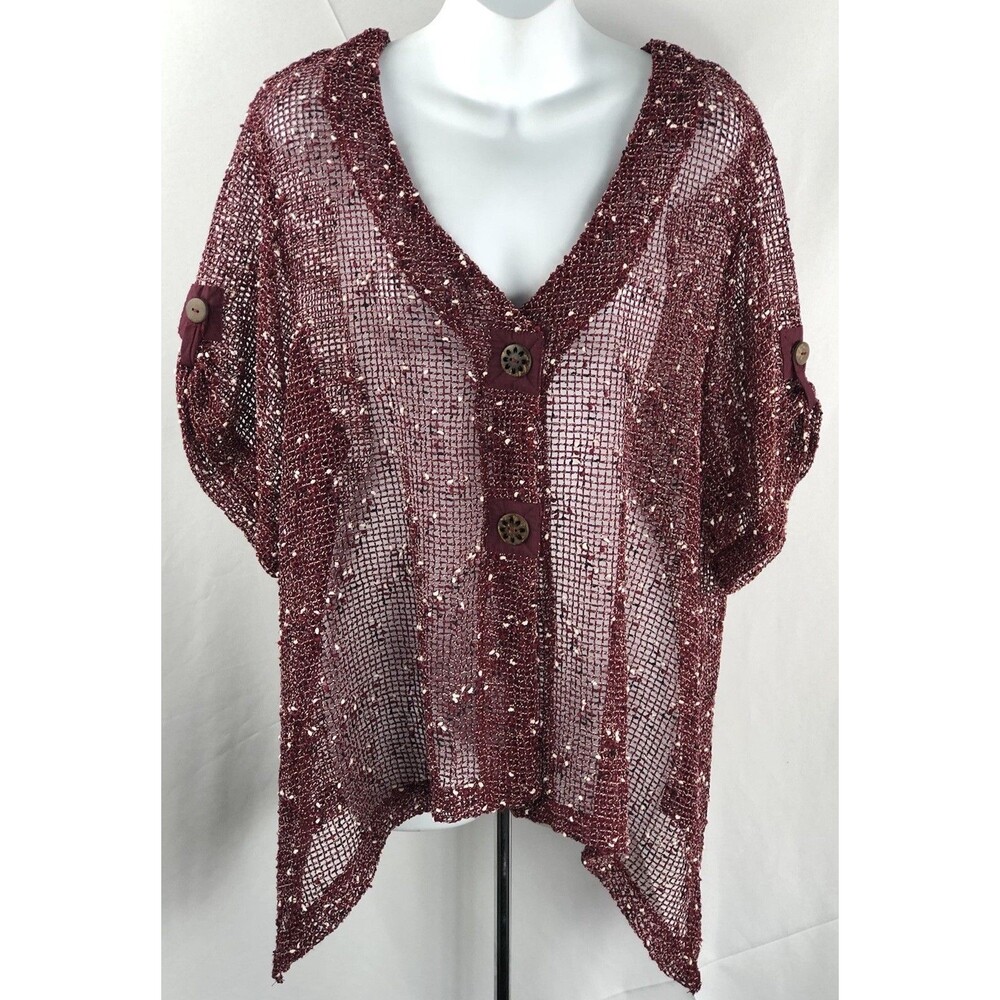 Crochet open Mesh Knit Top L Burgundy/wht V-Neck Snap Cover Up Gothic Grunge Y2K